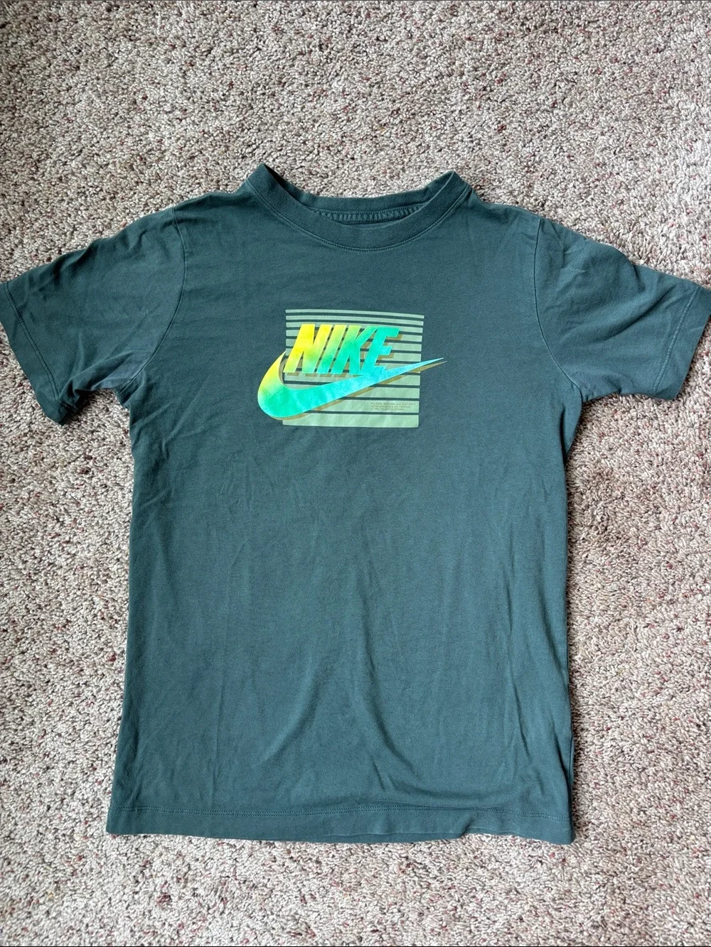 Nike Boys Dark Green Tee with Yellow-Green Swoosh